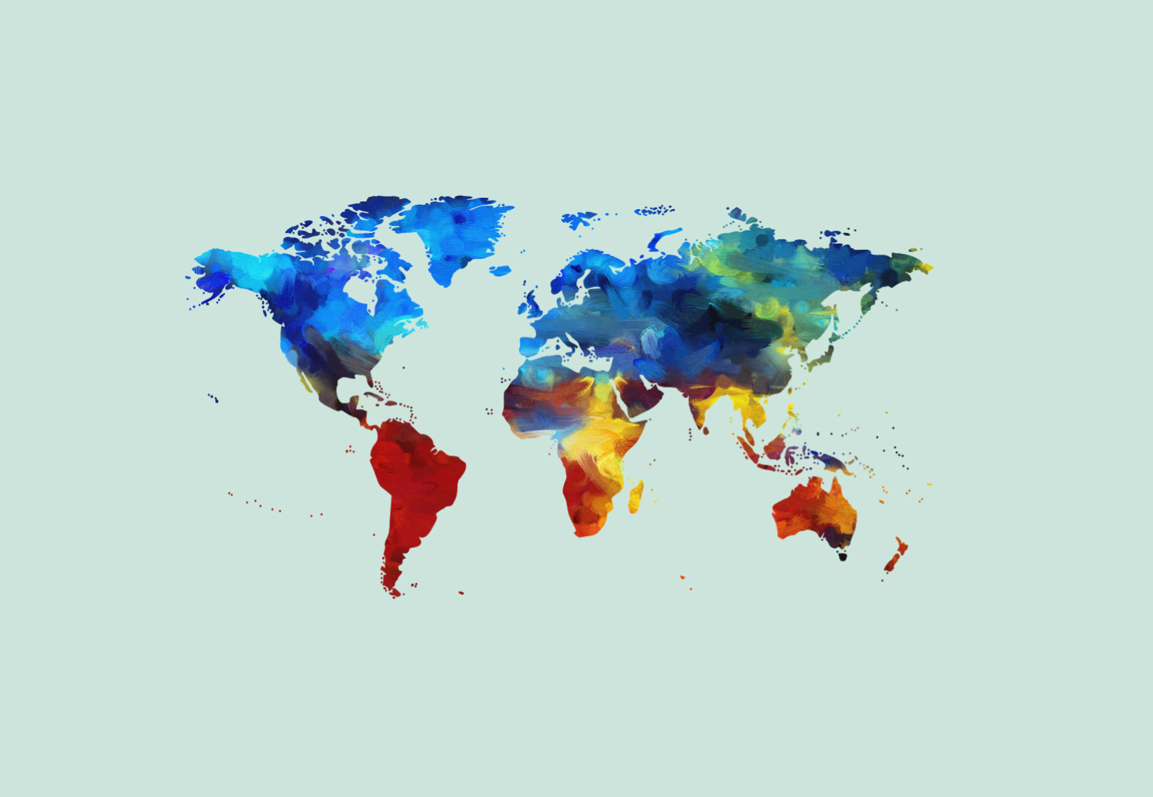 Flat map of the world, painted in all different colours.